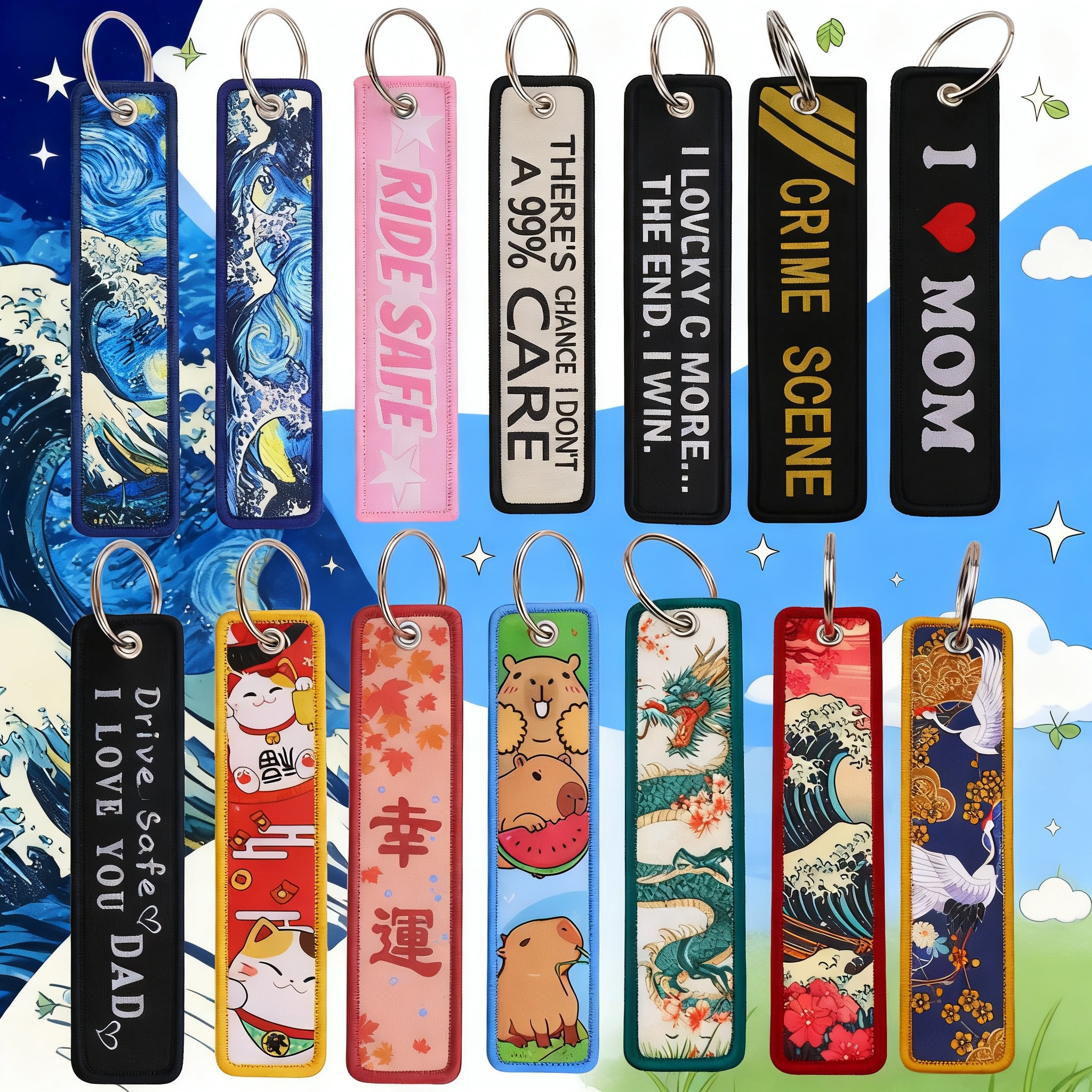Carabiner Keychain - Van Gogh Embroidery Key Fobs Koi